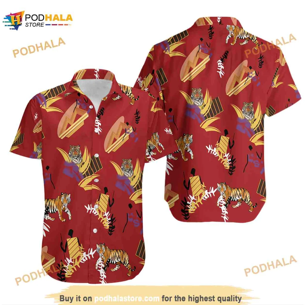 Red Tiger Tropical Hawaiian Shirt With Vibrant Palm Leaves