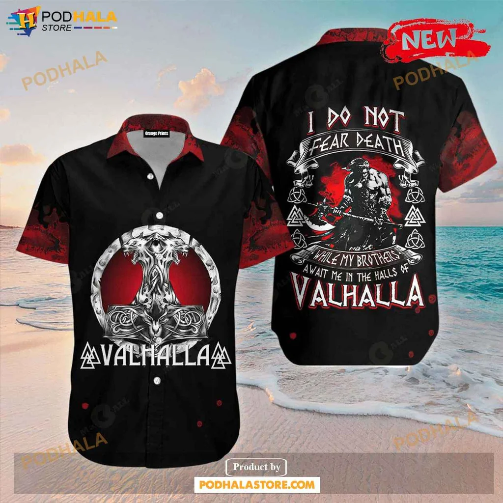 Red Valhalla Hawaiian Shirt, Fierce Viking Design With Warrior Emblem And Bold Colors