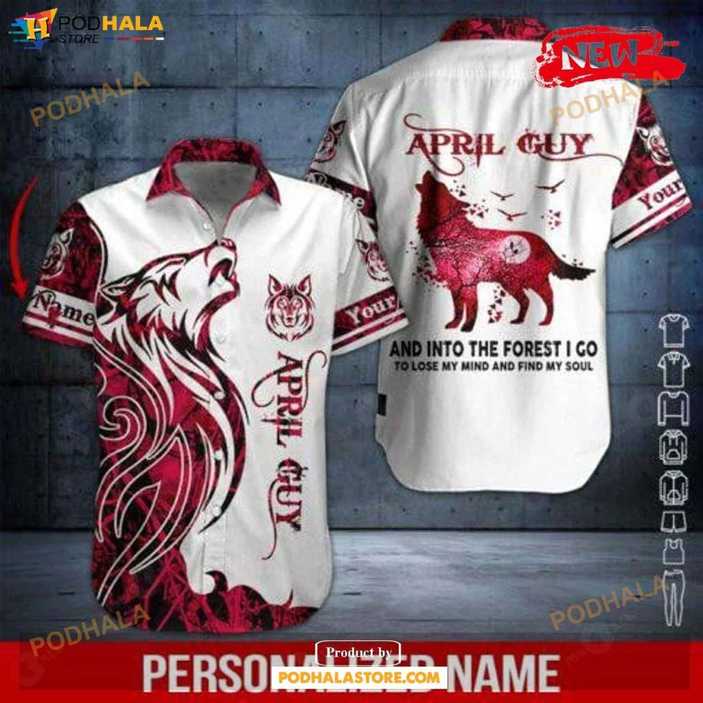 Red Wolf Lover Hawaiian Shirt, Personalized April Guy Design For Nature Enthusiasts