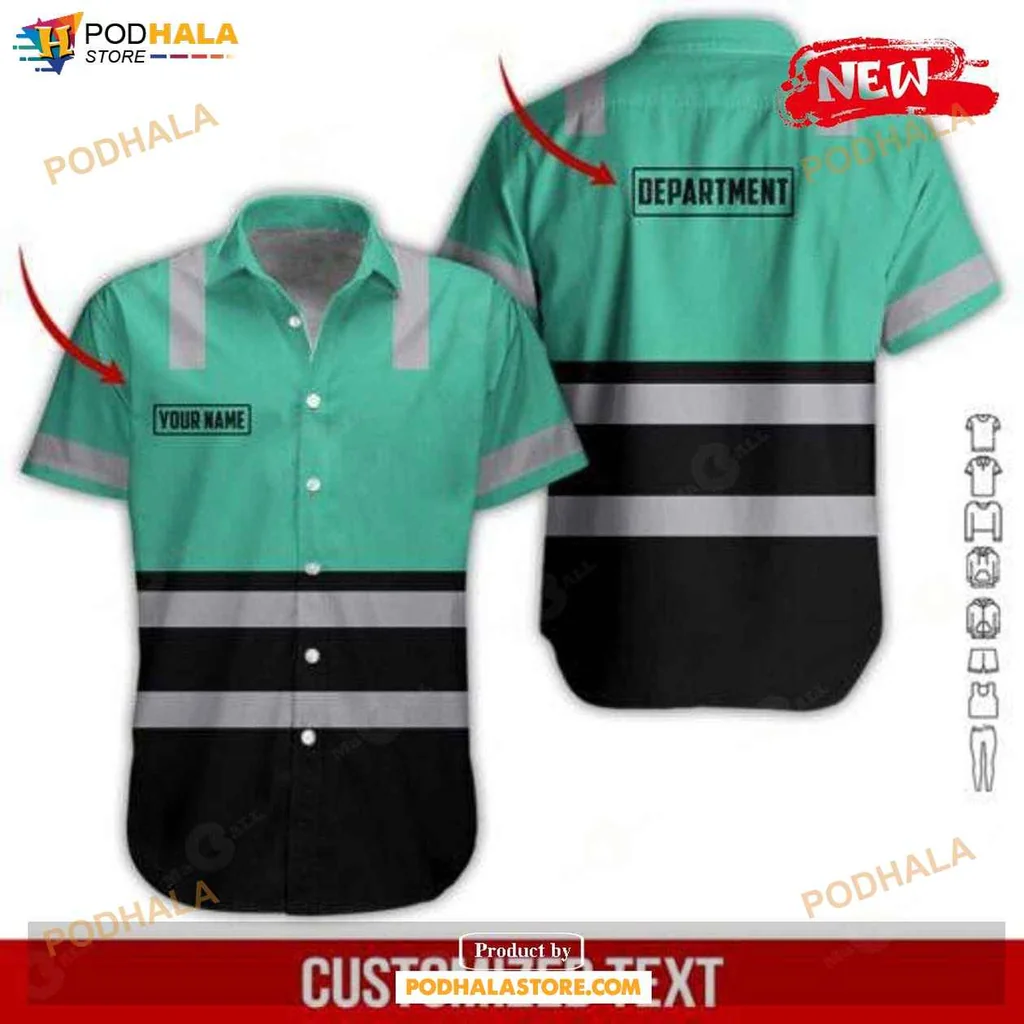 Reflective Safety Department Hawaiian Shirt For Summer Workwear In Light Green And Black