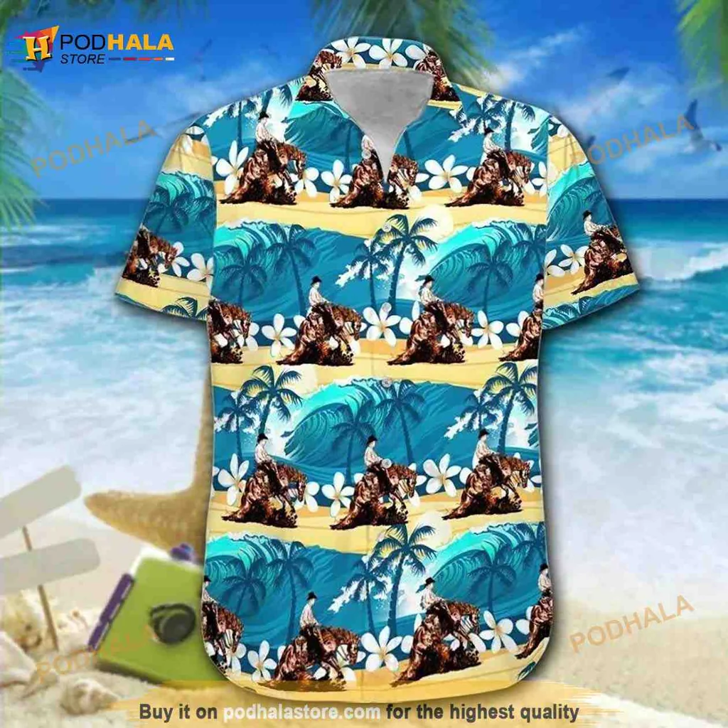 Reining Horses Tropical Hawaiian Shirt With Palm Trees And Hibiscus Flowers