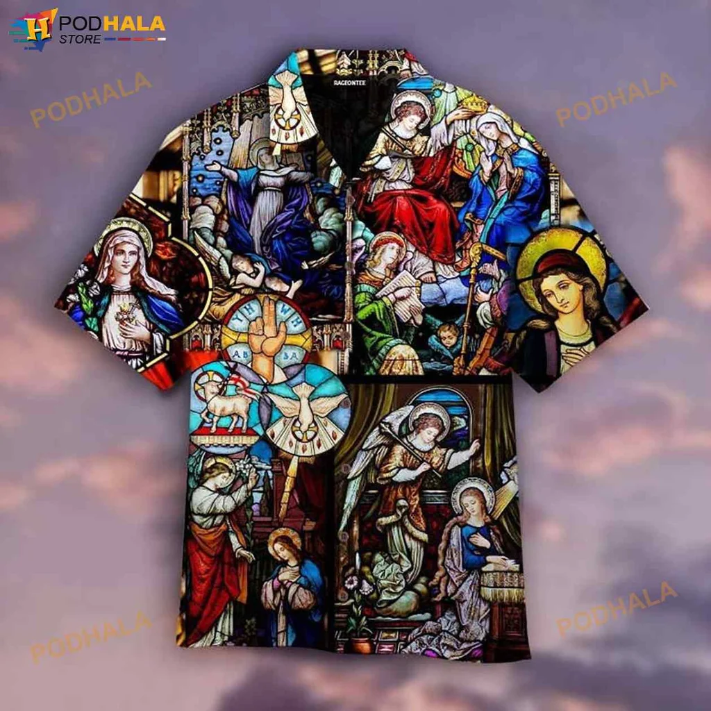 Religious Stained Glass Hawaiian Shirt Featuring Mary And Angels