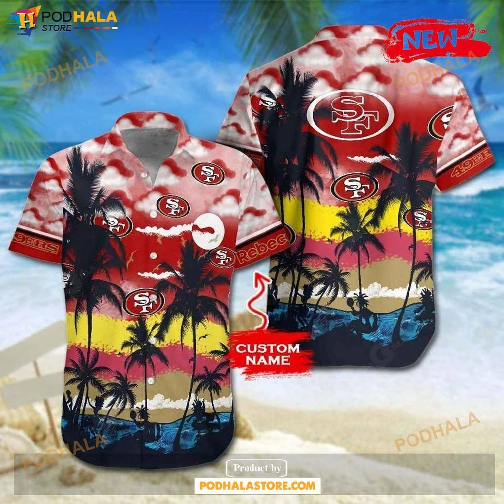 Retro 49ers Tropical Shirt, Vibrant Summer Design With Palm Trees And Sunset