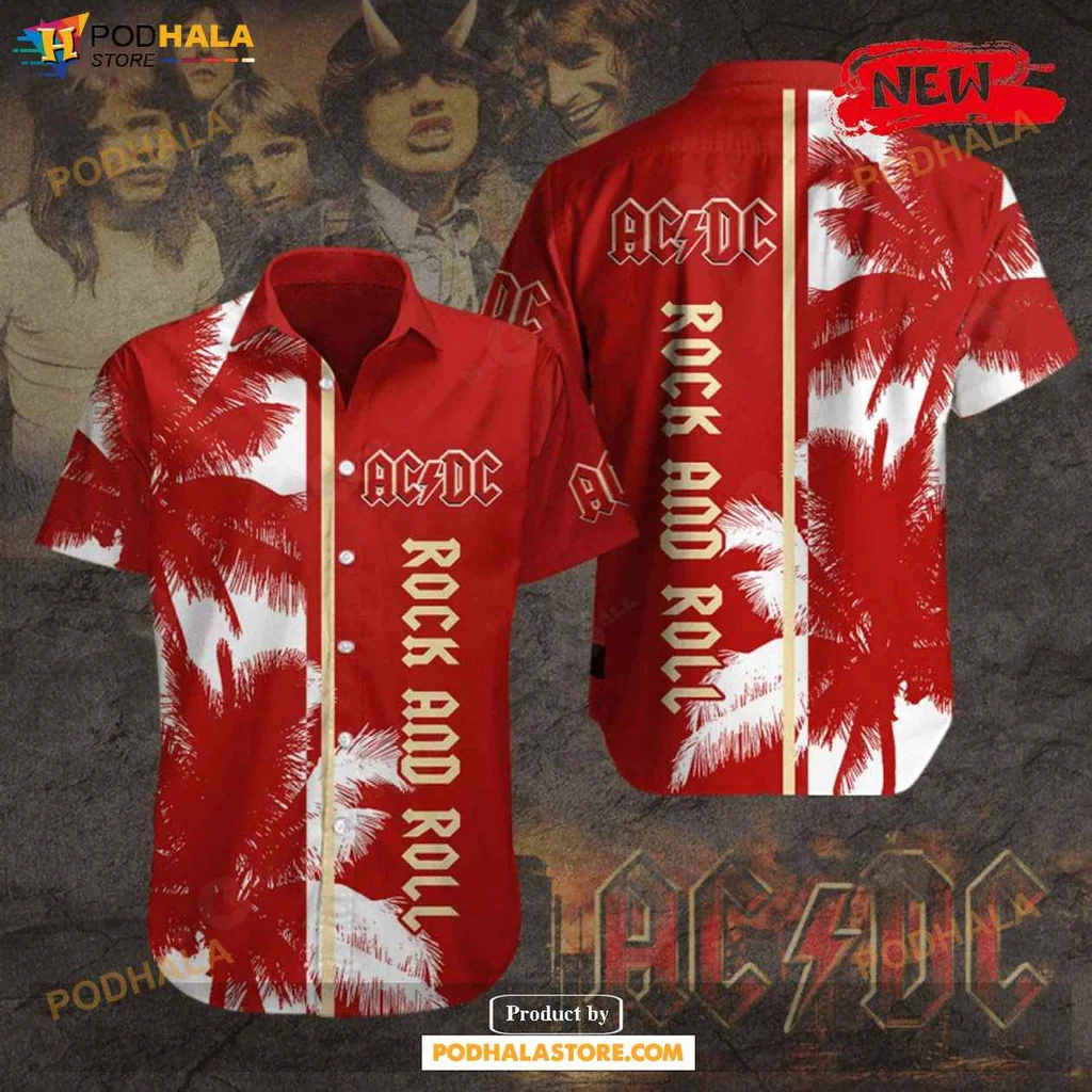 Retro Ac Dc Aloha Shirt, Vibrant Red Coconut Tree Design Rock Music Shirt