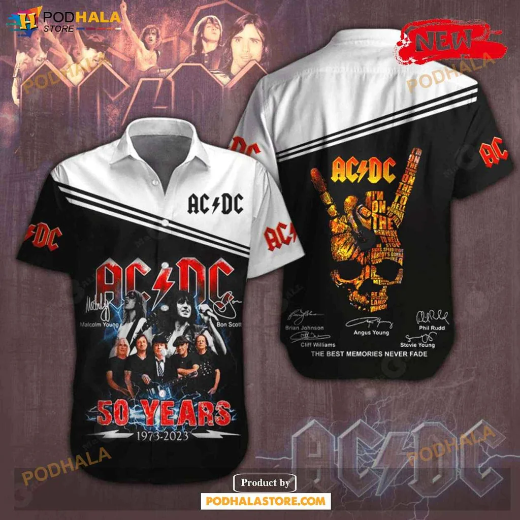 Retro Acdc Anniversary Aloha Shirt, 50 Years Of Rock Music Memories Hawaiian Shirt