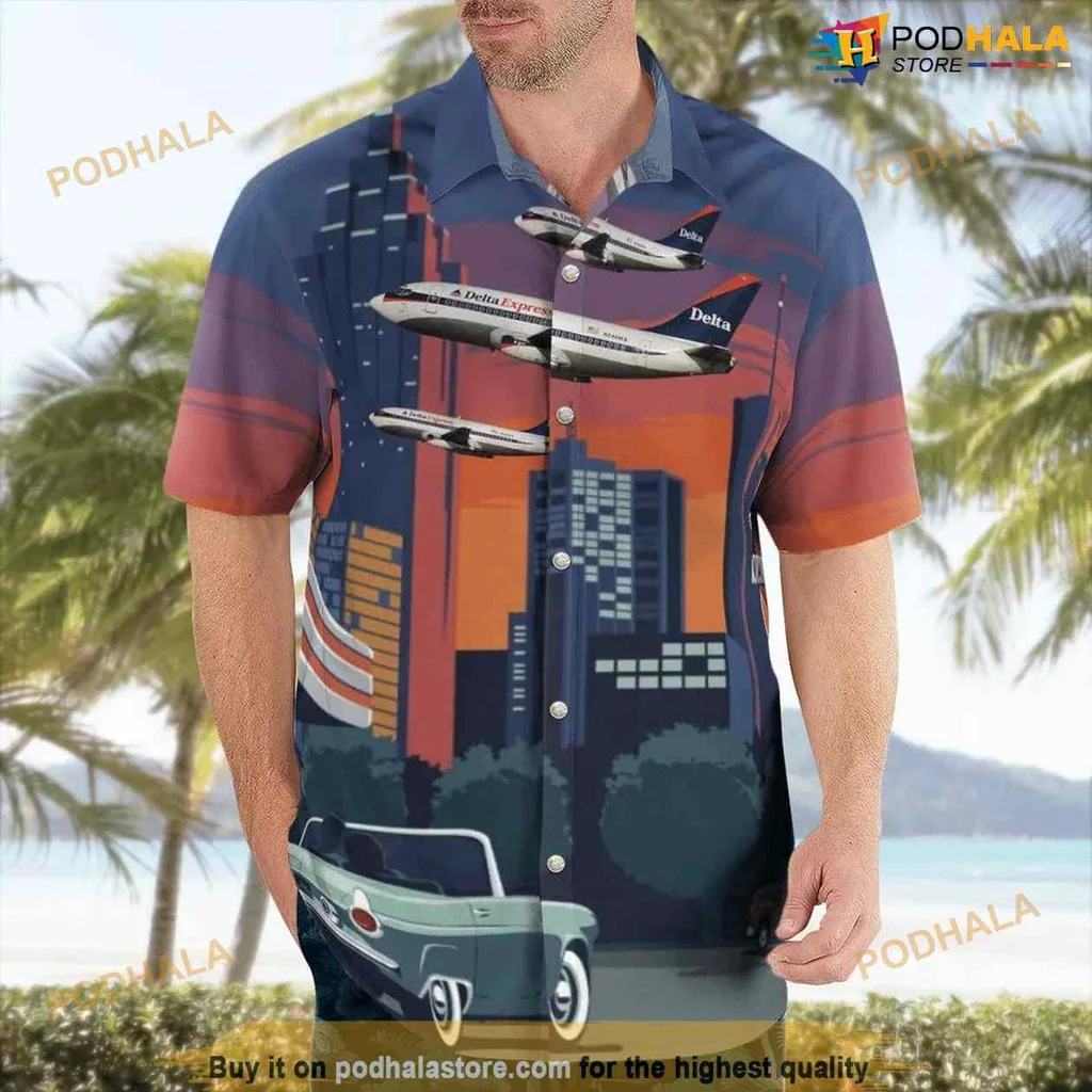Retro Aviation Hawaiian Shirt Featuring Boeing 737 And Convertible Car