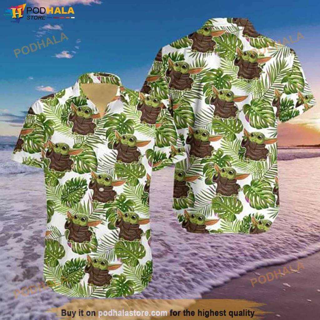 Retro Baby Yoda Hawaiian Shirt, Tropical Leaf Design For Casual Beach Fun