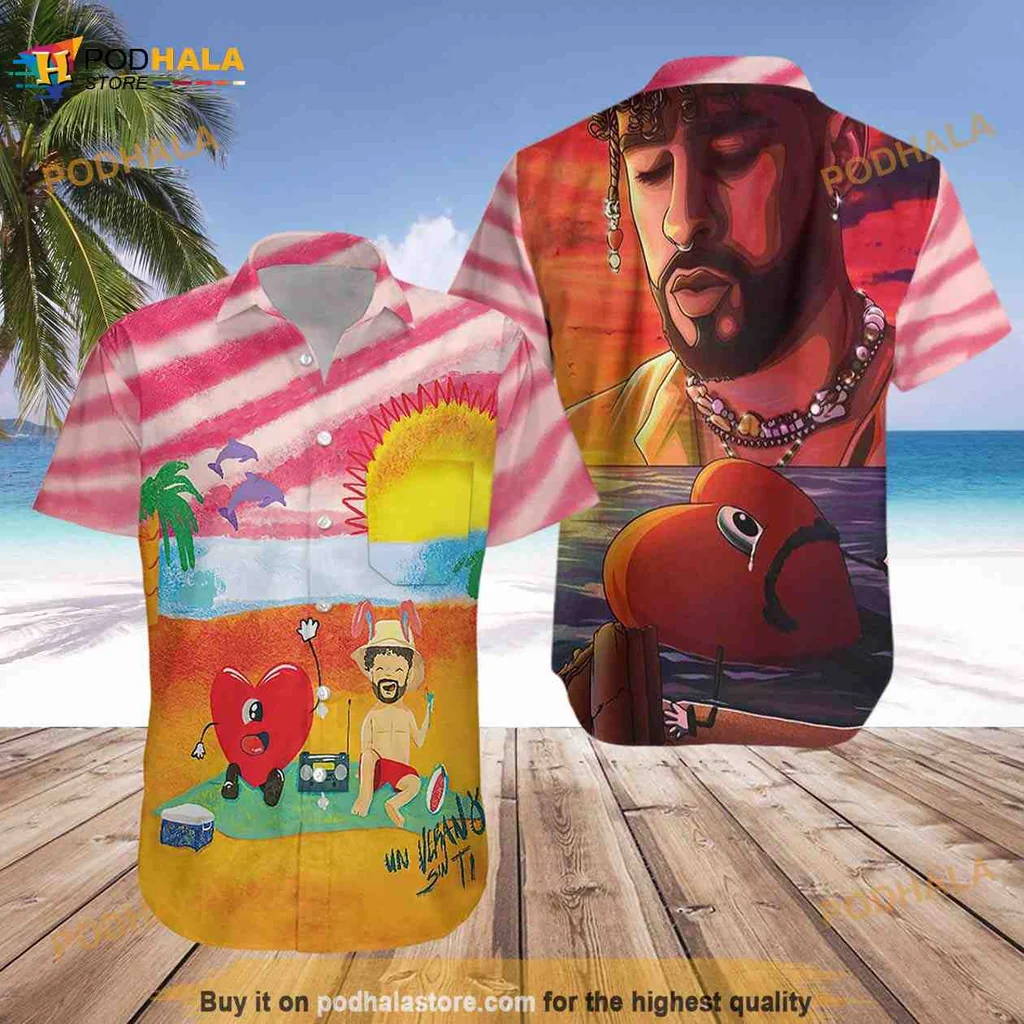 Retro Bad Bunny Hawaiian Shirt With Sunset And Tropical Design
