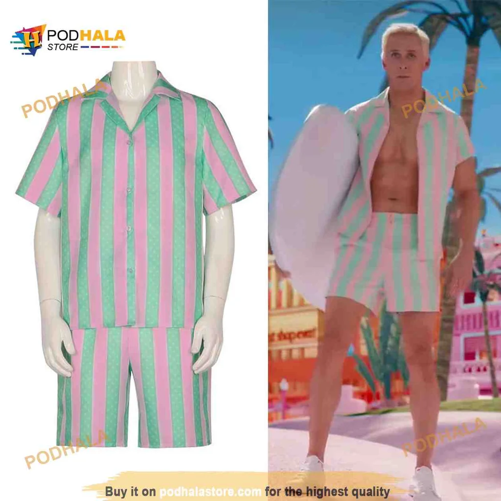 Retro Beach Cosplay Hawaiian Shirt With Pink And Green Stripes