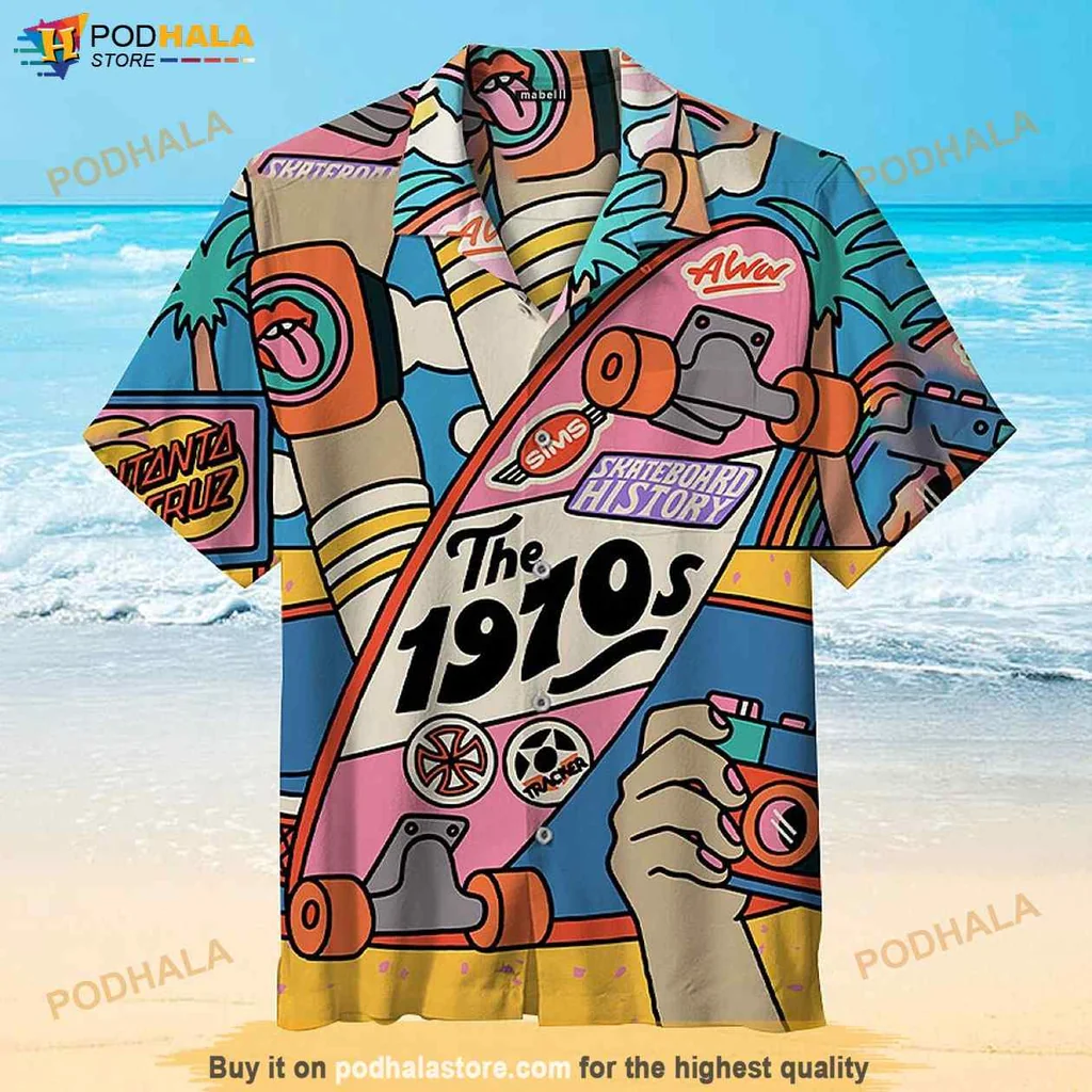 Retro Cartoon Skateboard Hawaiian Shirt, Vibrant 1970s Design For Fun Outings