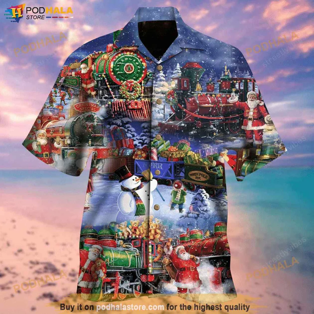 Retro Christmas Train Hawaiian Shirt, Vintage Steam Train With Holiday Decor