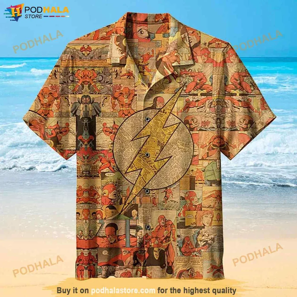 Retro Comic Hawaiian Shirt, Vibrant Lightning Bolt Design For Women
