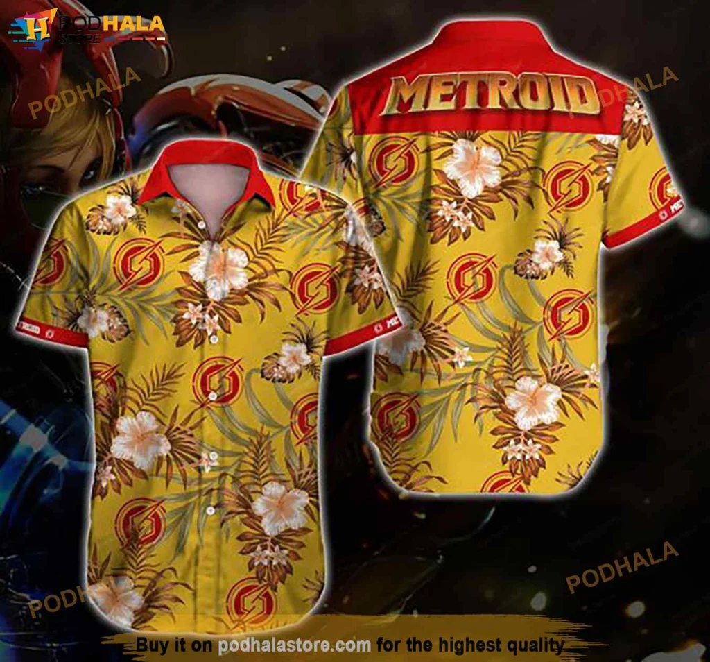 Retro Gaming Hawaiian Shirt, Vibrant Tropical Design With Metroid Theme