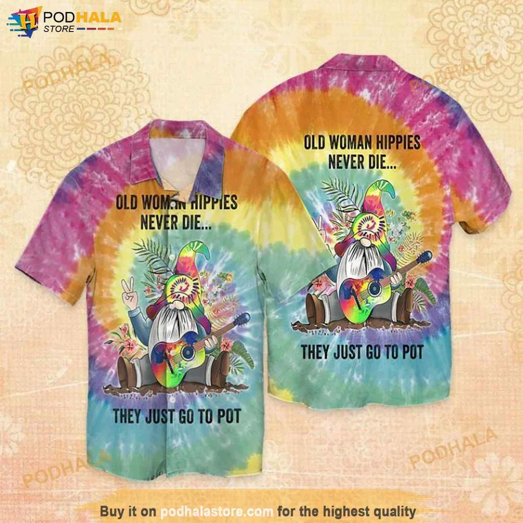 Retro Guitar Playing Hippie Hawaiian Shirt, Old Woman Hippies Never Die, Funny Tie Dye Design