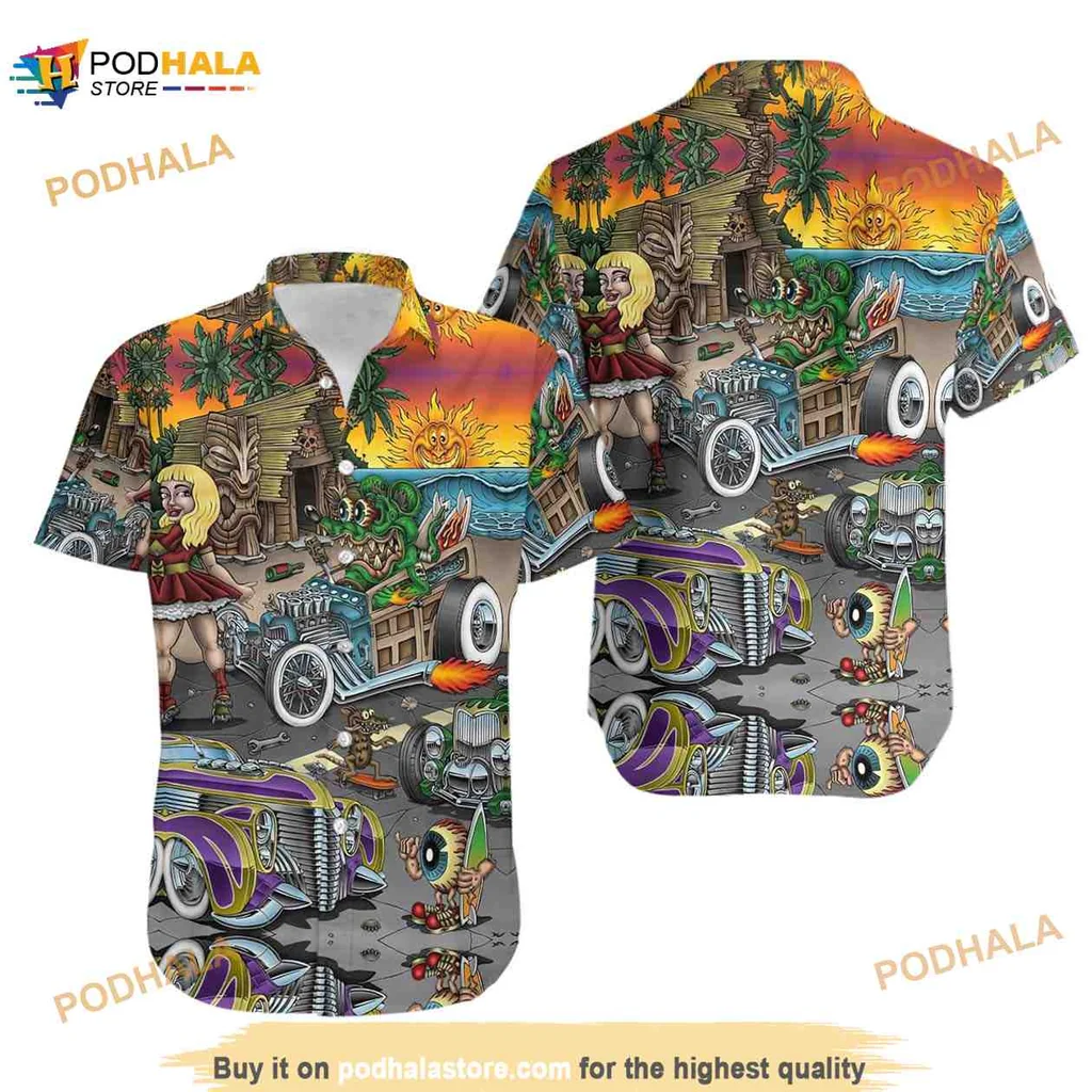 Retro Hot Rod Hawaiian Shirt With Cartoon Character And Tropical Vibes