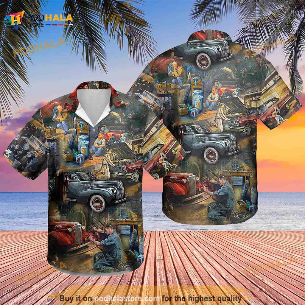 Retro Mechanic Car Hawaiian Shirt With Vintage Garage Design