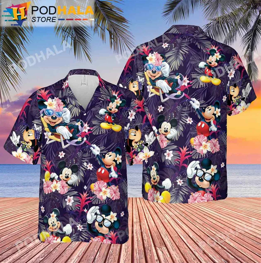 Retro Mickey Mouse Hawaiian Shirt, Vibrant Tropical Design With Mickey Mouse And Flowers