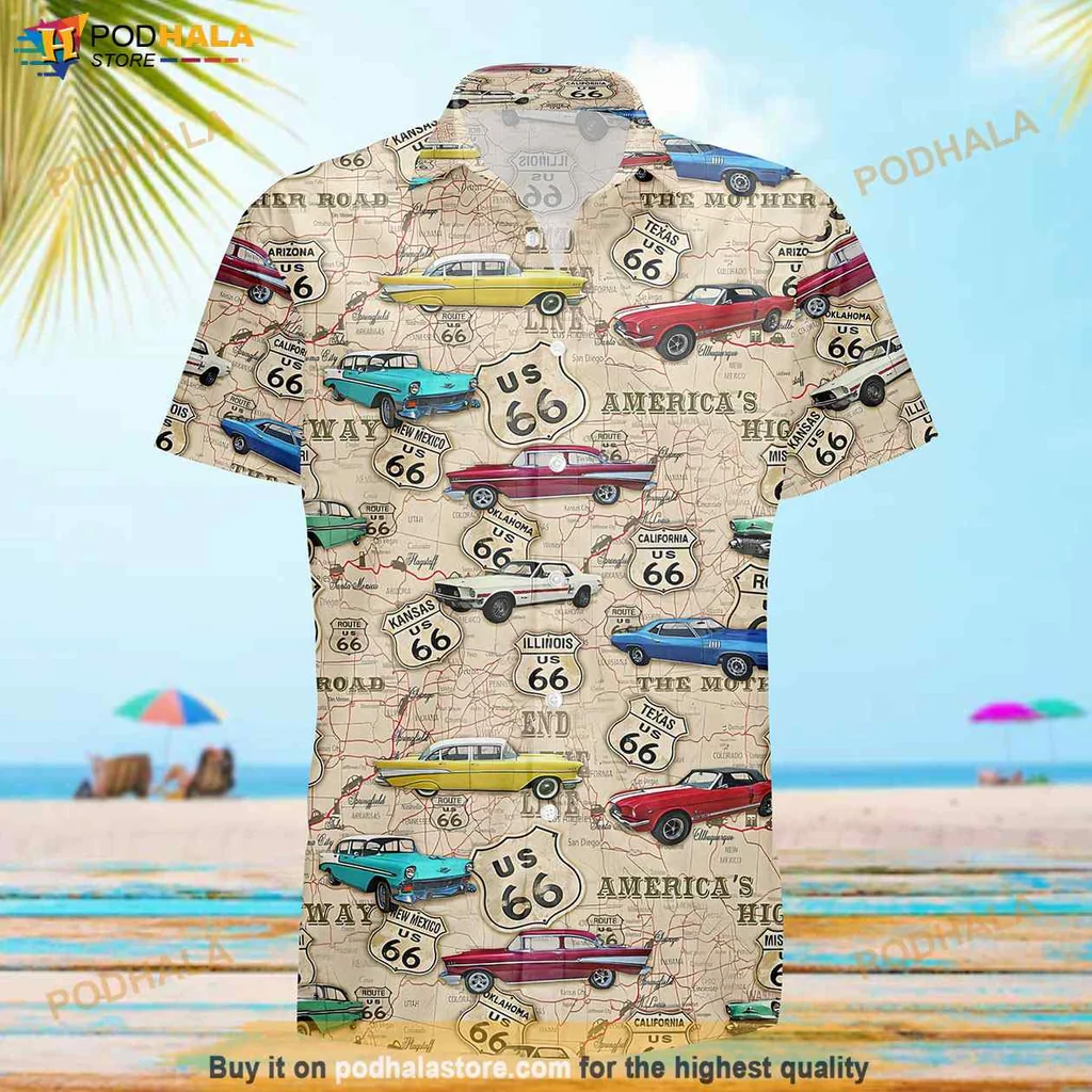 Retro Muscle Car Hawaiian Shirt, Vibrant Route 66 Design For Car Enthusiasts