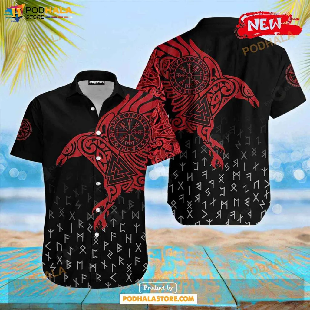 Retro Raven Hawaiian Shirt, Odin Inspired Design With Norse Motifs And Vibrant Colors