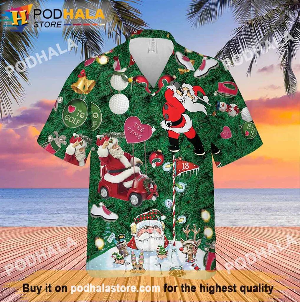 Retro Santa Claus Hawaiian Shirt, Festive Golf Lovers Christmas Shirt