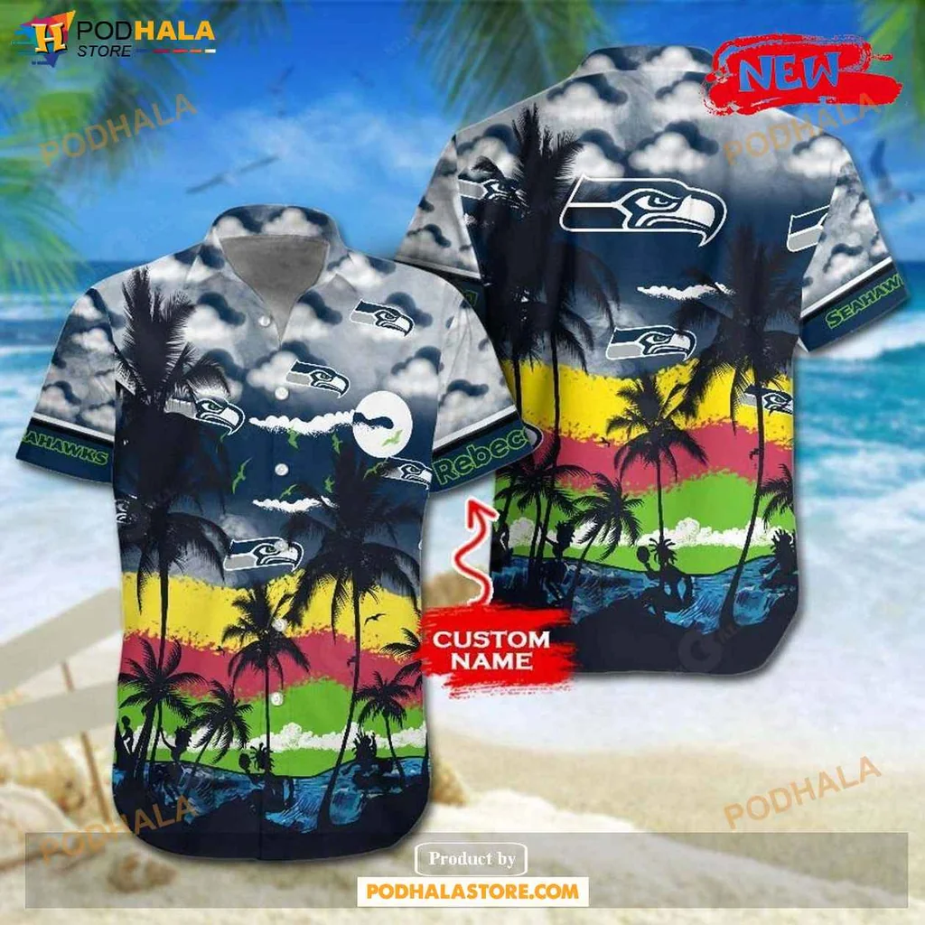 Retro Seahawks Tropical Shirt, Vibrant Nfl Fan Tee With Palm Trees And Sunset Design