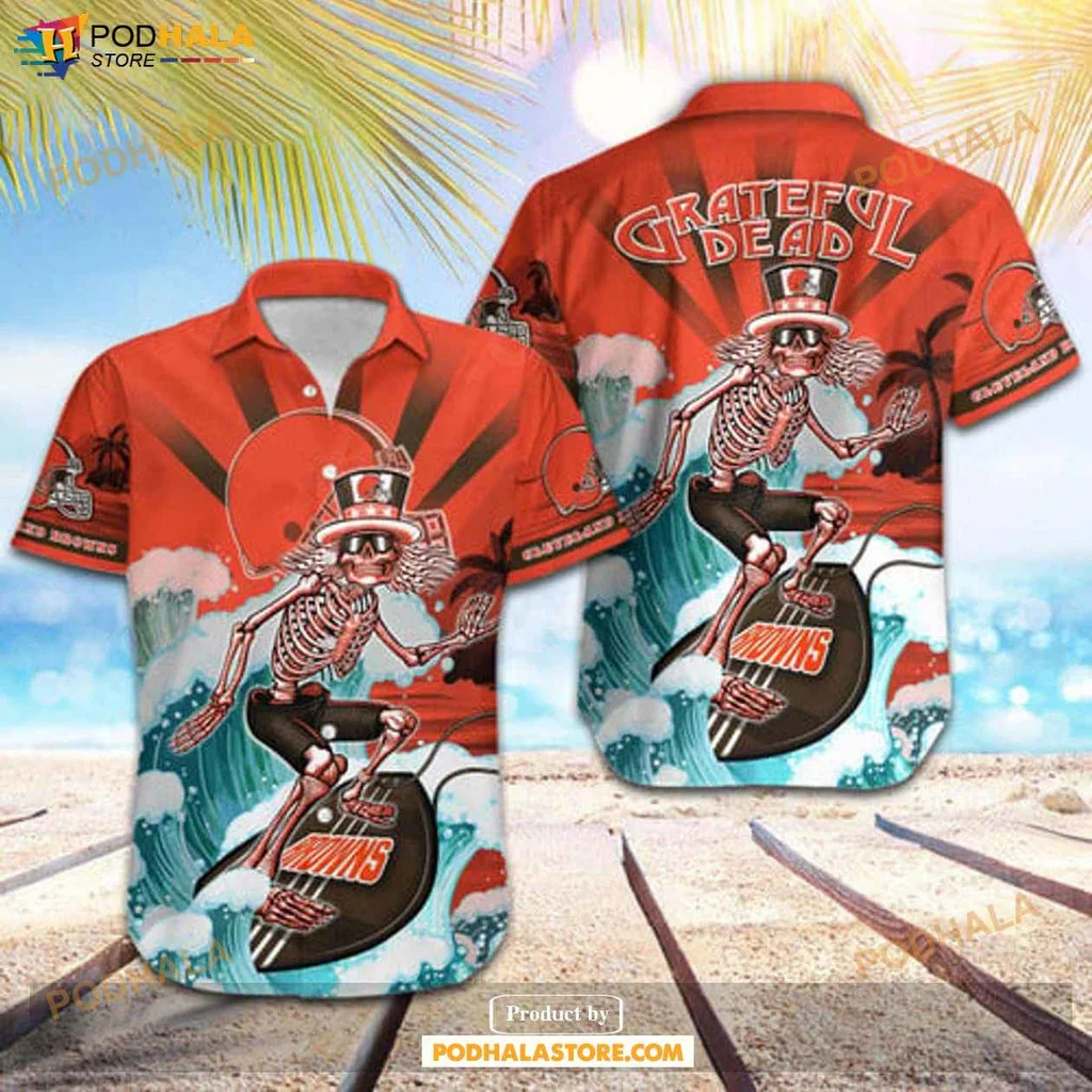 Retro Skeleton Skateboard Hawaiian Shirt, Vibrant Cleveland Browns Design With Surf Elements