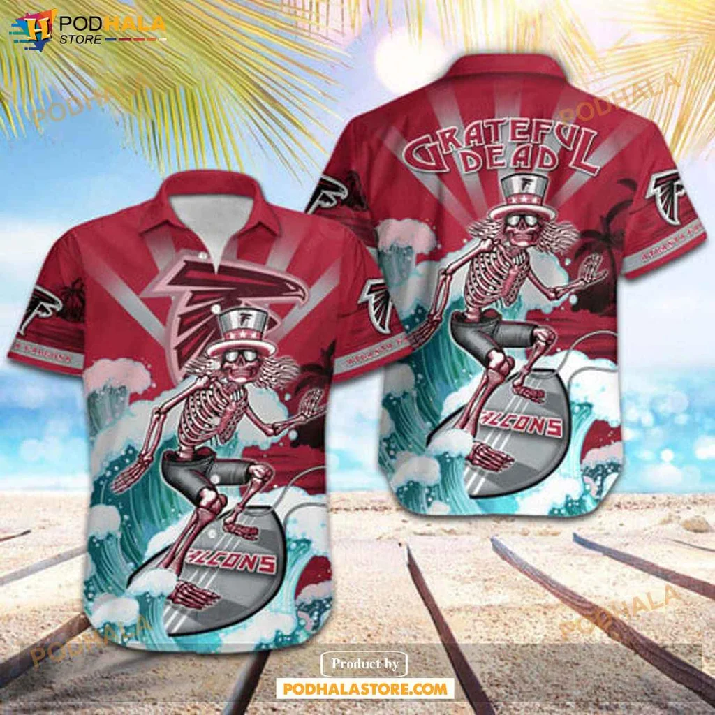 Retro Skeleton Surf Hawaiian Shirt, Atlanta Falcons Skateboarding Design Shirt
