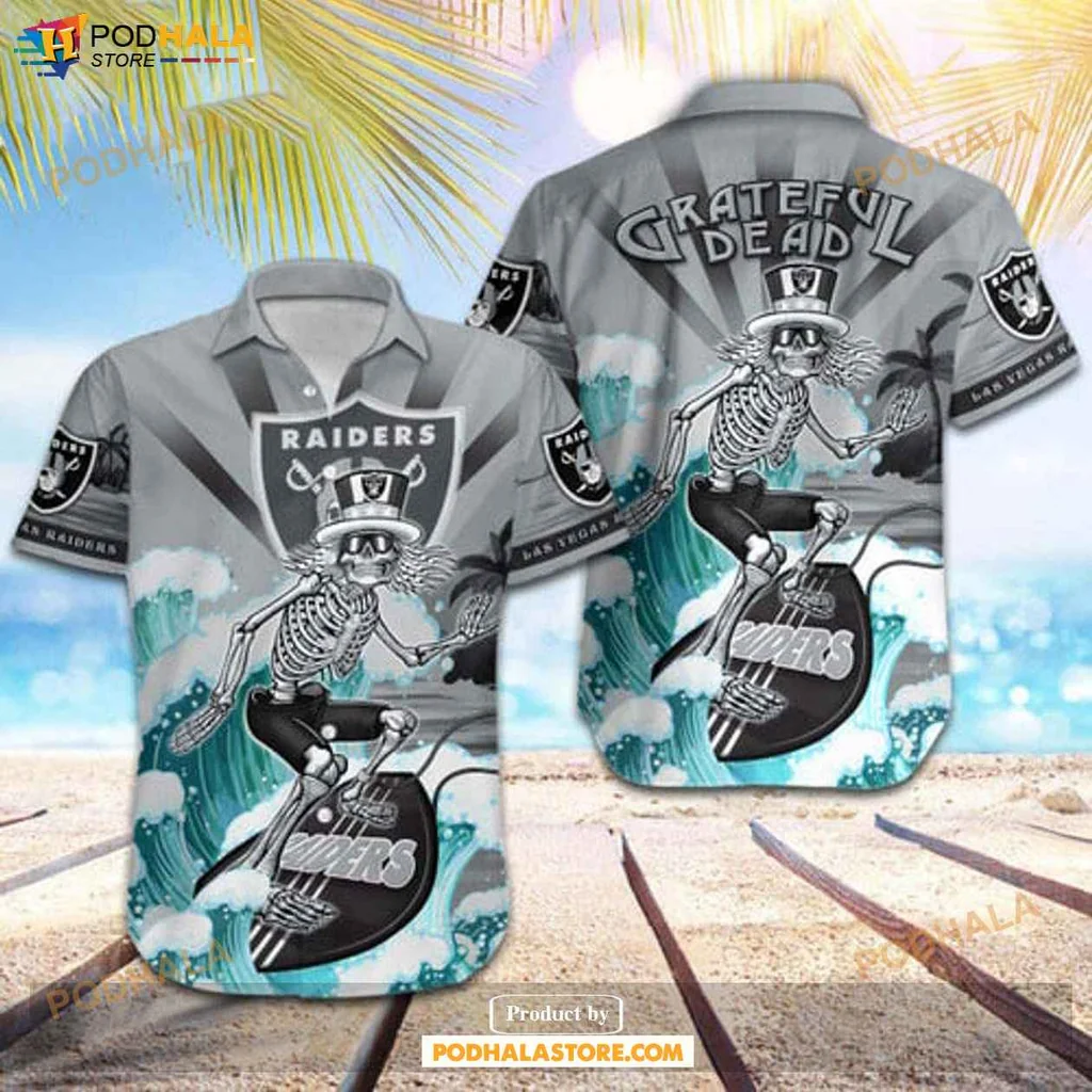 Retro Skeleton Surf Hawaiian Shirt, Las Vegas Raiders Skateboarding Design