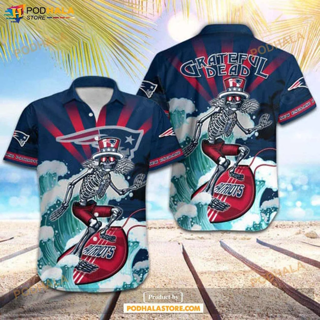 Retro Skeleton Surf Hawaiian Shirt, New England Patriots Skateboarding Design