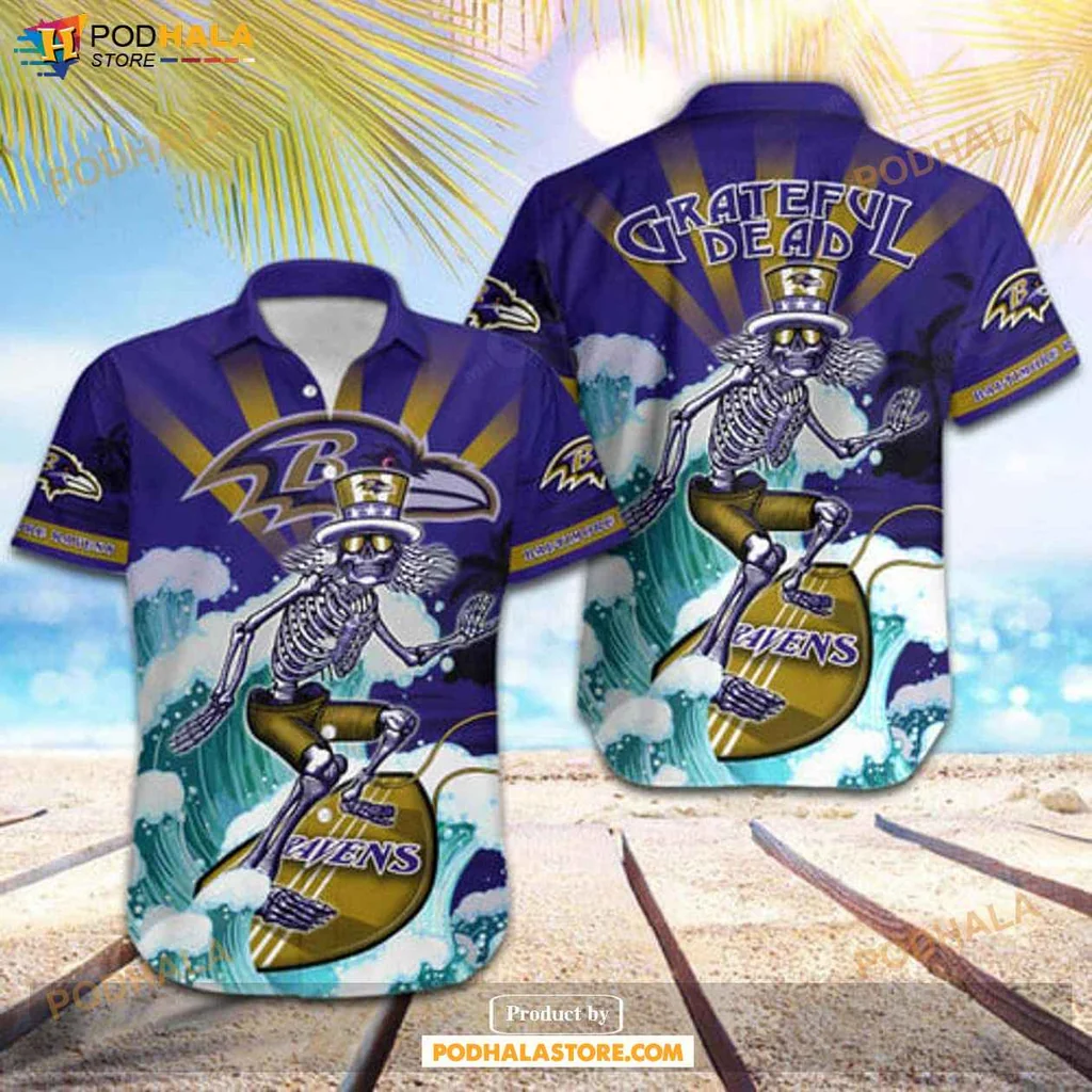 Retro Skeleton Surfboard Hawaiian Shirt, Baltimore Ravens Skateboarding Design