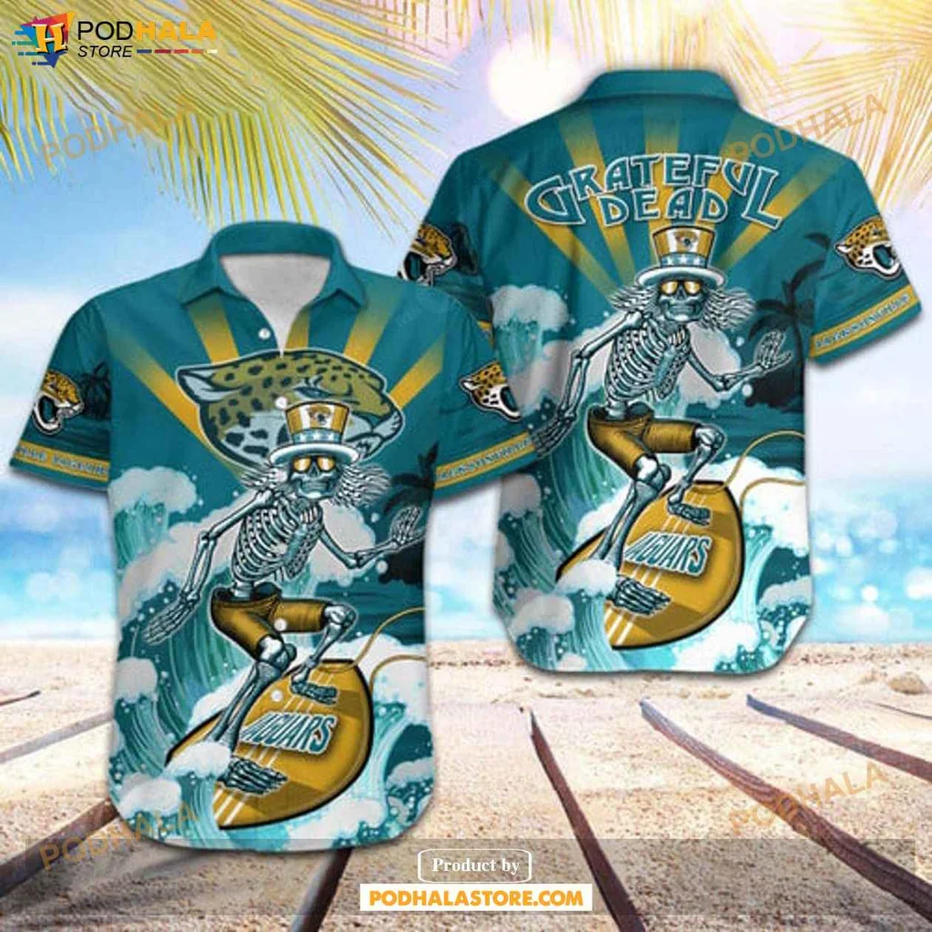 Retro Skeleton Surfboard Hawaiian Shirt, Jacksonville Jaguars Skateboarding Design
