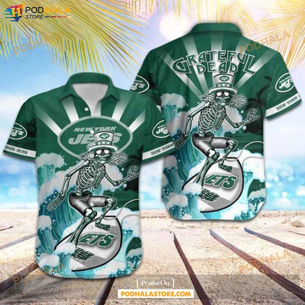 Retro Skeleton Surfboard Hawaiian Shirt, New York Jets Skateboarding Design