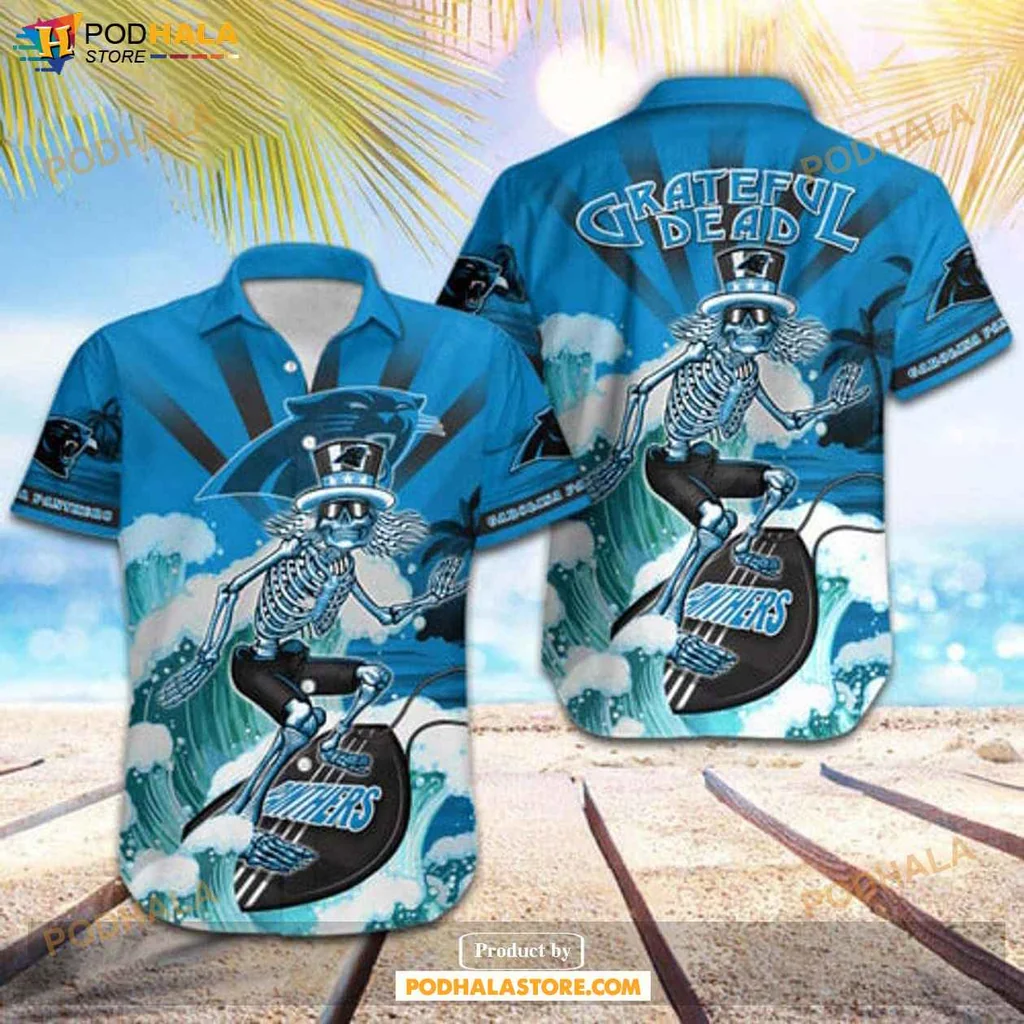 Retro Skeleton Surfing Hawaiian Shirt, Carolina Panthers Skateboarding Design