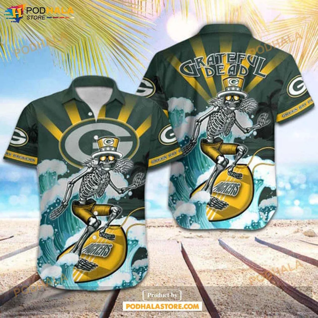 Retro Surfer Skeleton Hawaiian Shirt, Green Bay Packers Skateboarding Design