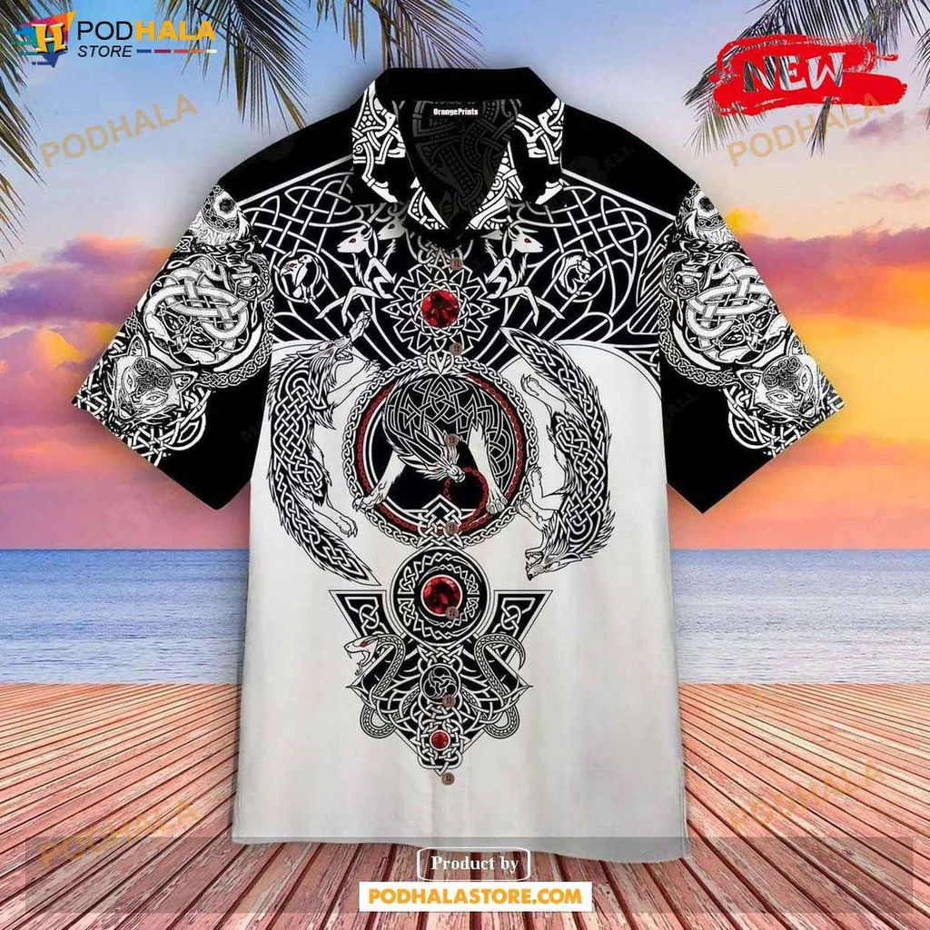 Retro Viking Tattoo Hawaiian Shirt With Bold Norse Mythology Design And Red Accents