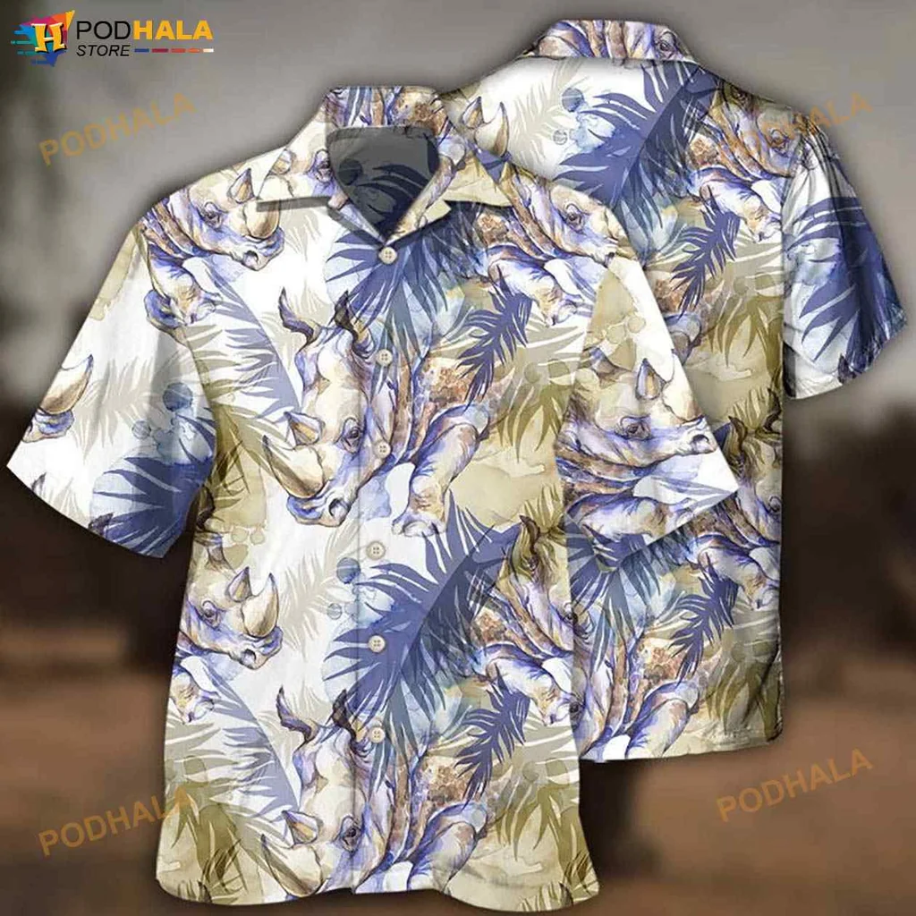Rhino Tropical Hawaiian Shirt With Vibrant Leaf Design
