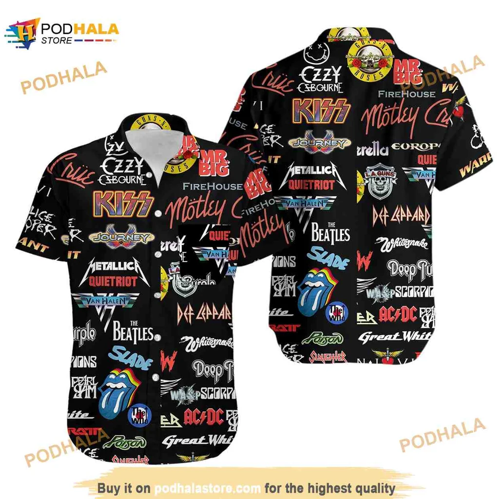 Rock Band Logos Aloha Shirt, Vibrant Tropical Casual Style For Music Lovers