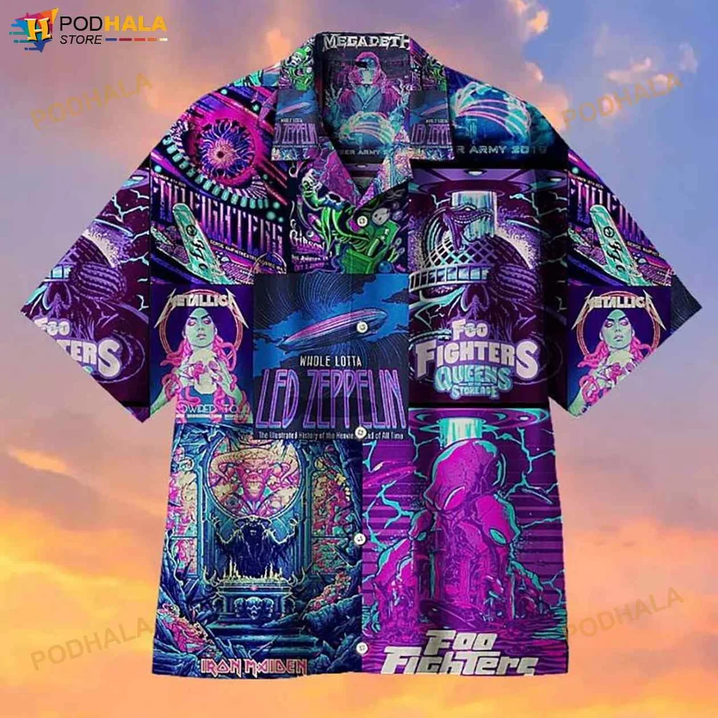 Rock Band Lover Hawaiian Shirt Featuring Iconic Logos And Psychedelic Design