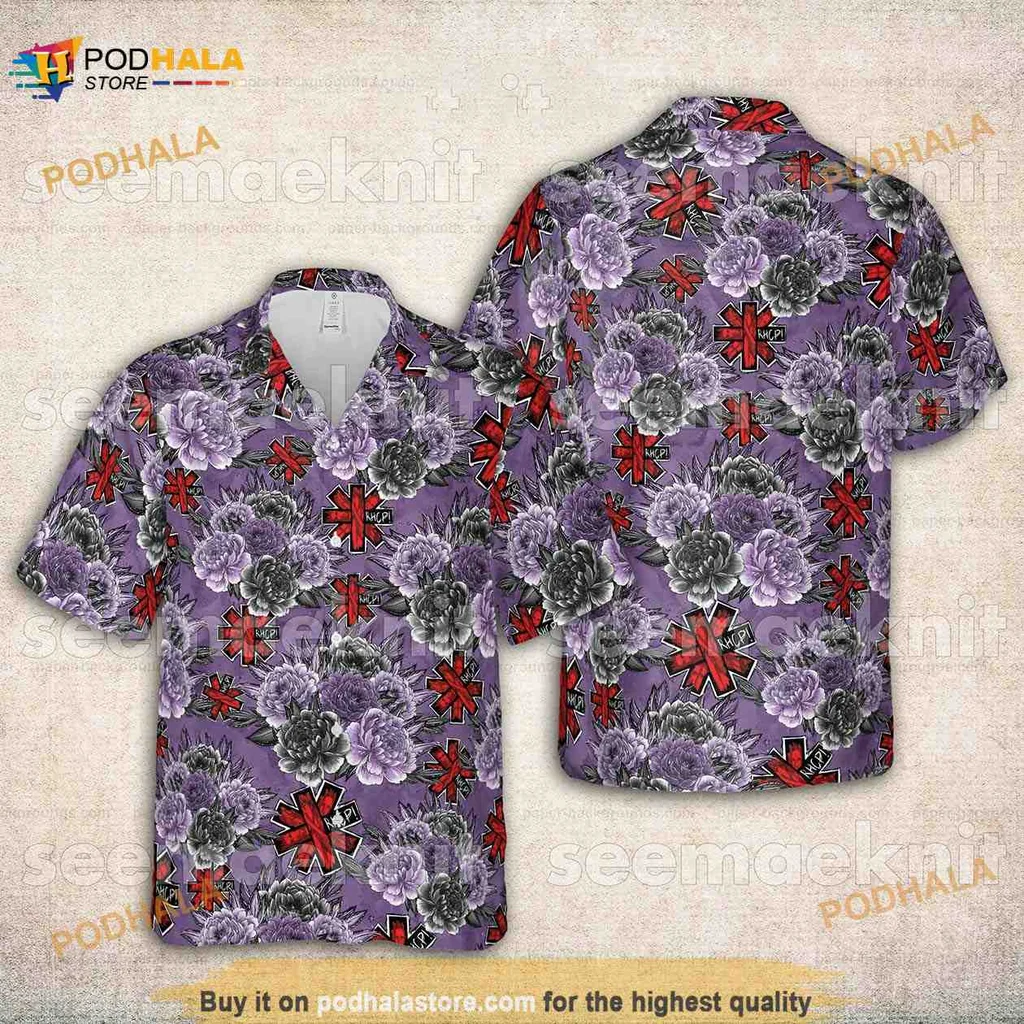 Rock Music Floral Hawaiian Shirt With Bold Purple Flowers And Red Accents