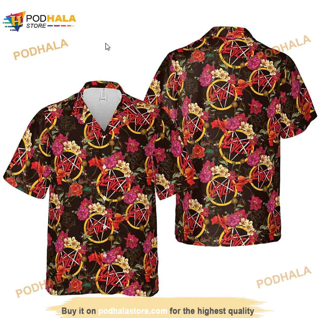 Rock Music Floral Hawaiian Shirt With Colorful Pentagrams