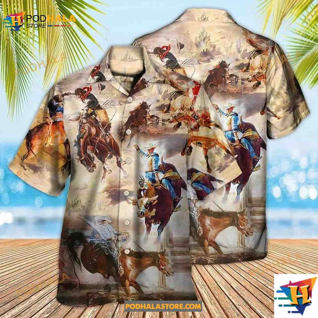 Rodeo Cowboy Hawaiian Shirt Featuring Dynamic Rodeo Scene