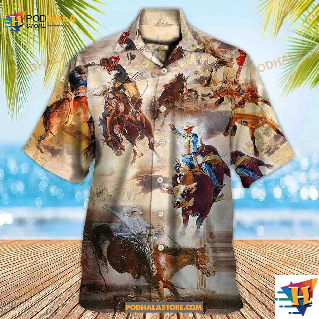 Rodeo Cowboy Aloha Shirt Featuring Dynamic Rodeo Scene Rodeo Cowboy Aloha Shirt Featuring Dynamic Rodeo Scene