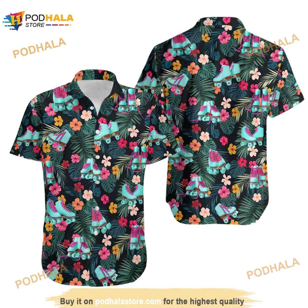 Roller Skates Tropical Hawaiian Shirt With Hibiscus Flowers