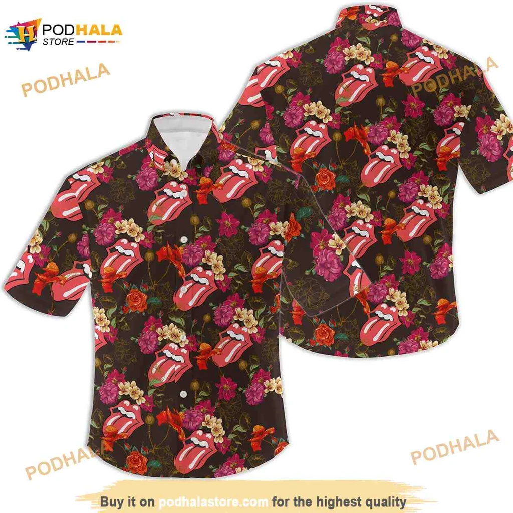 Rolling Stones Tropical Hawaiian Shirt With Iconic Red Lips Design