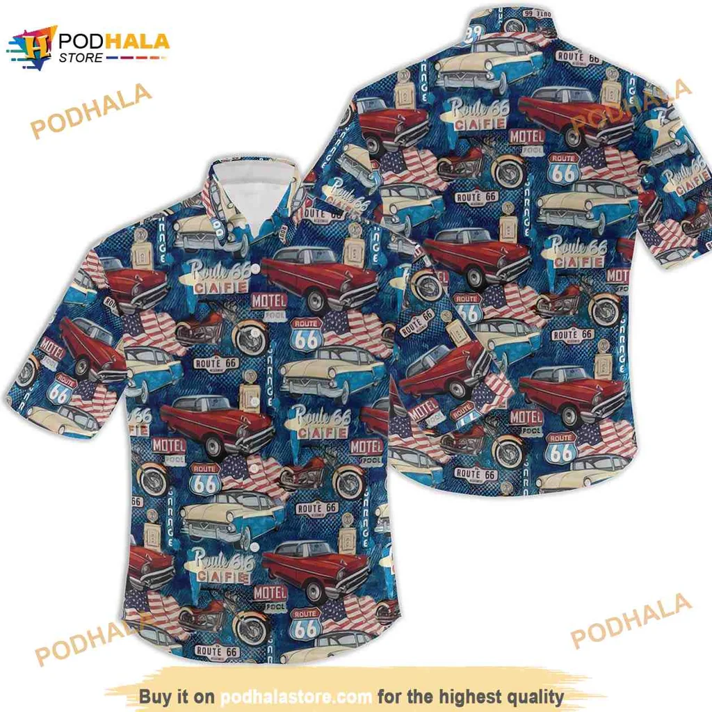 Route 66 Vintage Car Hawaiian Shirt With Classic Cars And Americana Design Route 66 Vintage Car Hawaiian Shirt With Classic Cars And Americana Design