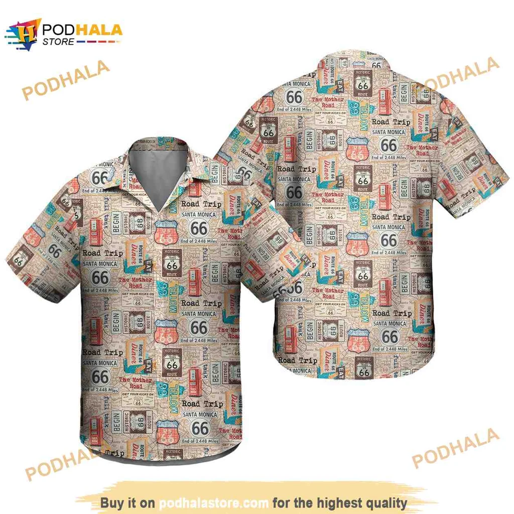 Route 66 Vintage Hawaiian Shirt With Retro Americana Travel Design Route 66 Vintage Hawaiian Shirt With Retro Americana Travel Design