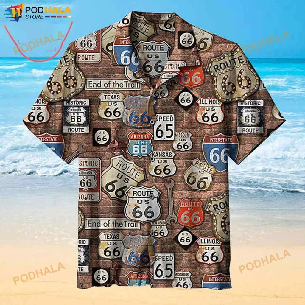 Route 66 Vintage Hawaiian Shirt With Rustic Brick Wall And Road Signs