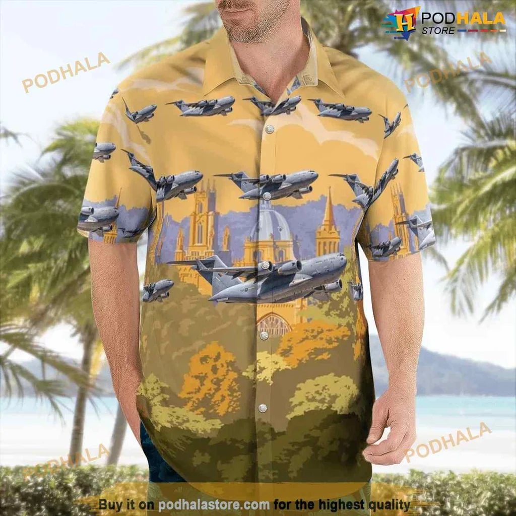 Royal Air Force Aviation Hawaiian Shirt Featuring Boeing C 17a Globemaster Iii