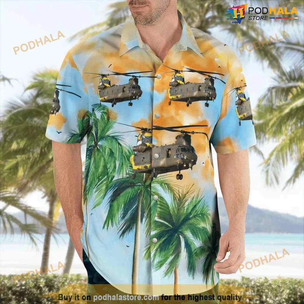 Royal Air Force Chinook Helicopter Hawaiian Shirt With Tropical Design