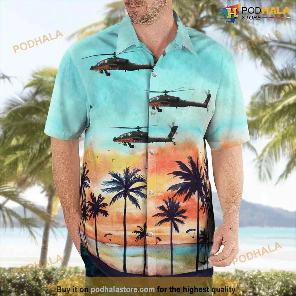 Royal Netherlands Air Force Hawaiian Shirt Featuring Apache Helicopters And Palm Trees